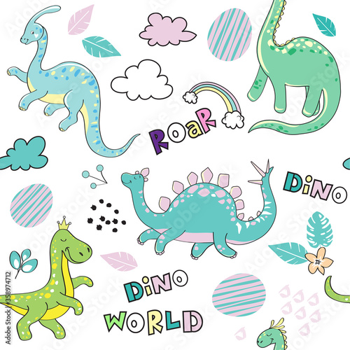 Cute little dinosaur on a white background seamless pattern