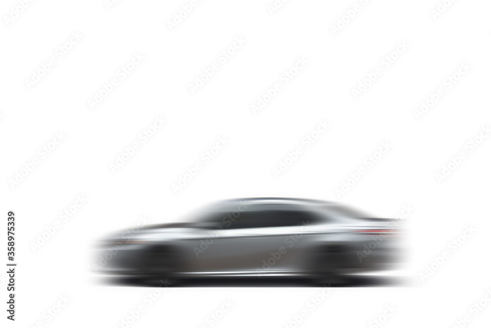 silver car in motion blur in isolation on white background or