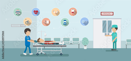 Emergency service concepet with doctor and injured patient in bed flat design vector illustration