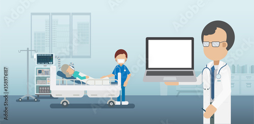 Medical service concept with blank screen notebook