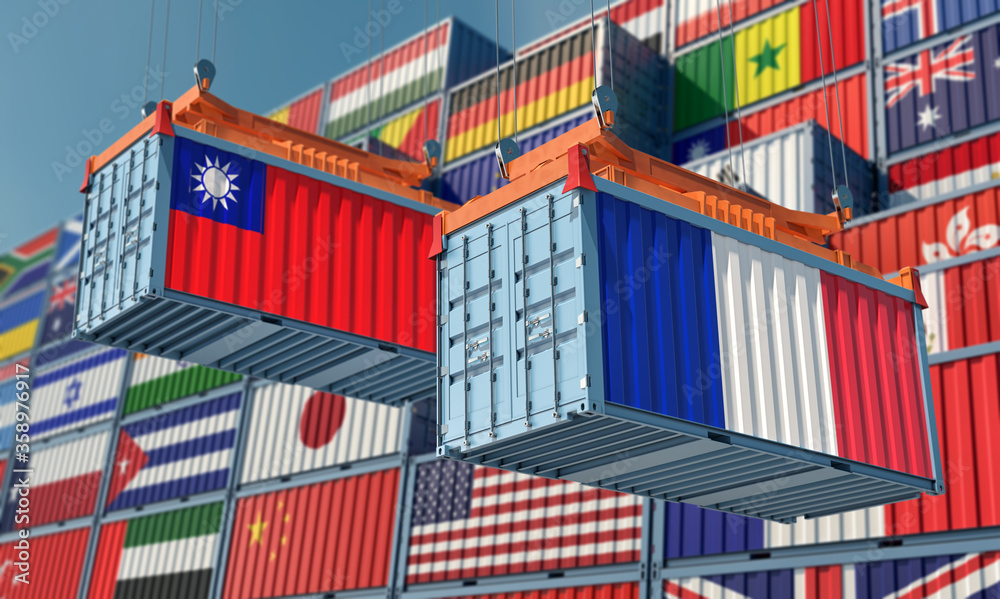 Freight containers with France and Taiwan flag. 3D Rendering 