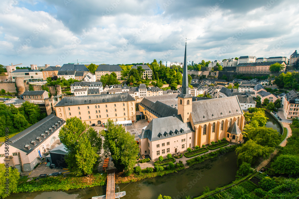 panoramic view of the city of Luxembourg, on a cloudy day.