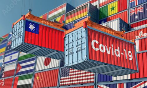 Container with Coronavirus Covid-19 text on the side and container with Taiwan Flag. Concept of international trade spreading the Corona virus. 3D Rendering © Marius Faust