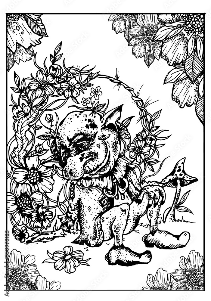 Fototapeta premium Tired, contented, kind gnome with pointed ears and a large nose, in a jacket with a bow and a beautiful collar, in shoes, sitting on the grass among many beautiful and diverse flowers and plants.