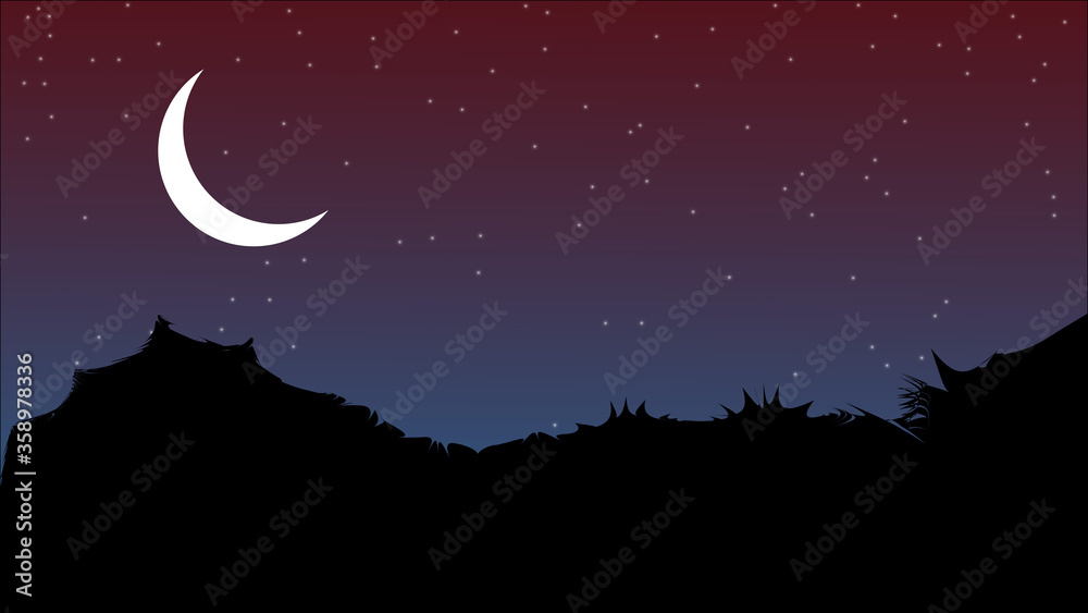 Starry sky night with stars and moon | moon over the hill - 4k background. - obrazy, fototapety, plakaty 