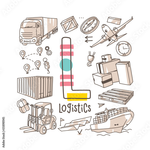 Letter L - Logistics, cute alphabet series in doodle style