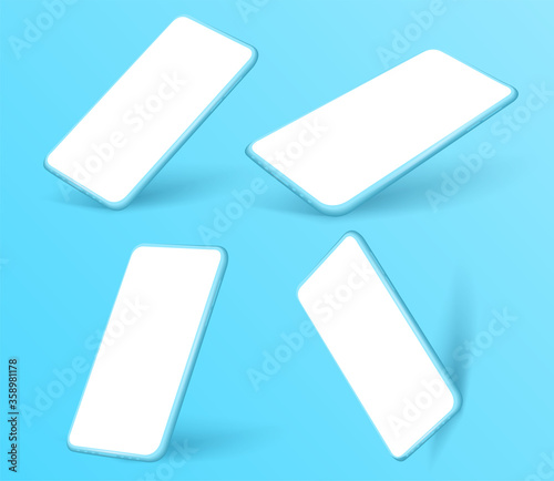 Smartphone mockup. Modern blue phone in different positions. Smartphone collection mockups with blank screen isolated on blue  background. Vector illustration