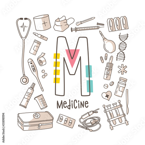 Letter M - Medicine, cute alphabet series in doodle style