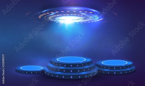 Futuristic blue neon light portal. Circle Sci-fi elements with light and lights. Blue cylinder template. Base stand futuristic modern podium or studio pedestal round platform showroom. Vector