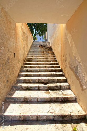 Old stone steps in the village of Vothonas in Santorini, Greece.