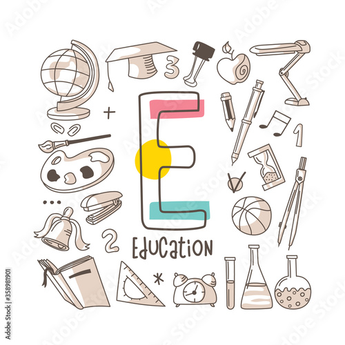Letter E - Education, cute alphabet series in doodle style