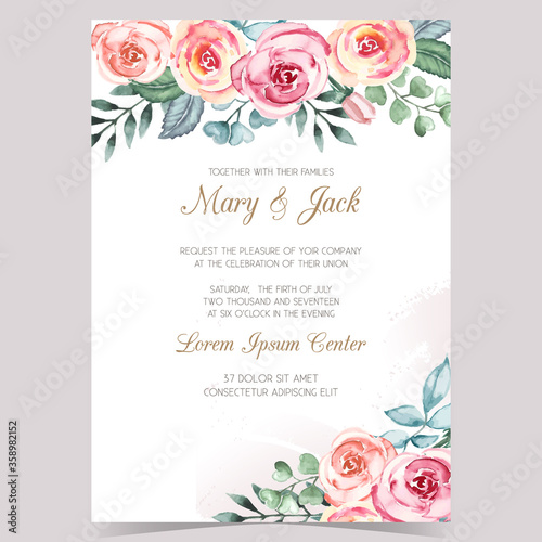 Wedding invitation template with watercolor roses, thank you card, save the date, baby shower, menu, flyer, banner template. Watercolor gentle background for invitations or greeting cards.