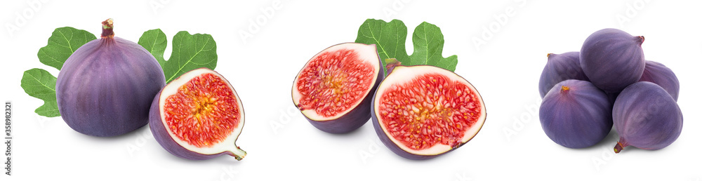 Fresh fig fruit with leaves isolated on white background. Set or collection Fresh fig fruit with leaves isolated on white background. Set or collection