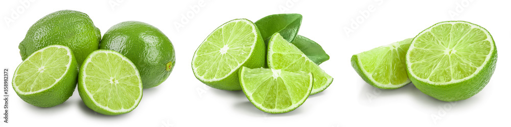 lime with half and leaf isolated on white background. Set or collection lime with half and leaf isolated on white background. Set or collection