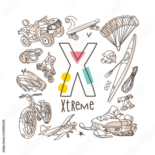 Letter X - Xtreme, cute alphabet series in doodle style