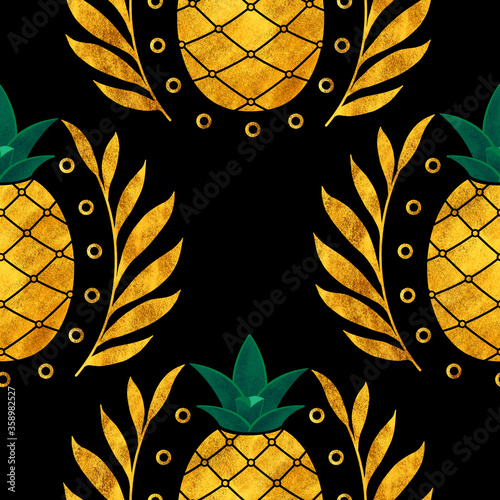 Seamless pattern. Watercolor drawing. Pineapples with leaves and ringlets against a dark background.