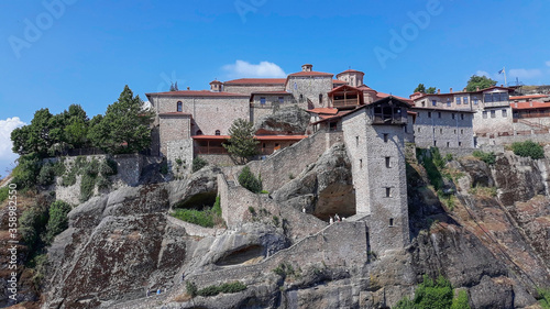 Holy Monastery of Great Meteoron, Greece, summer 2019. It is located in Meteora where the monasteries are on top of gigantic rocks. Greece's famous tourist destination with picturesque landscapes.