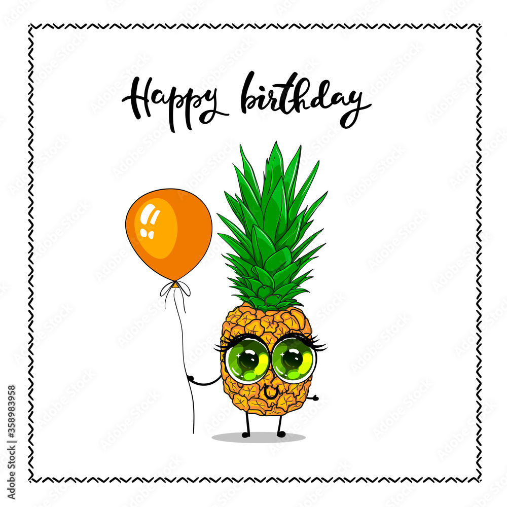 Foto de Happy birthday card with funny ananas character. Funny