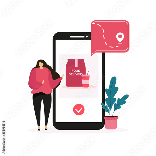 Online Delivery Service concept. Food delivery app on a smartphone tracking a delivery man. Vector illustration. Illustration in flat style. Girl shows delivery app
