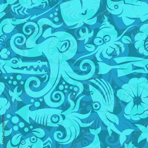 seamless cute sea creature pattern cartoon vector illustration