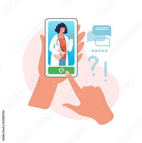 Online consultation with a doctor. Reception at the hospital for a video call, hands holding a smartphone with a woman doctor with a stethoscope on the screen. Flat vector illustration