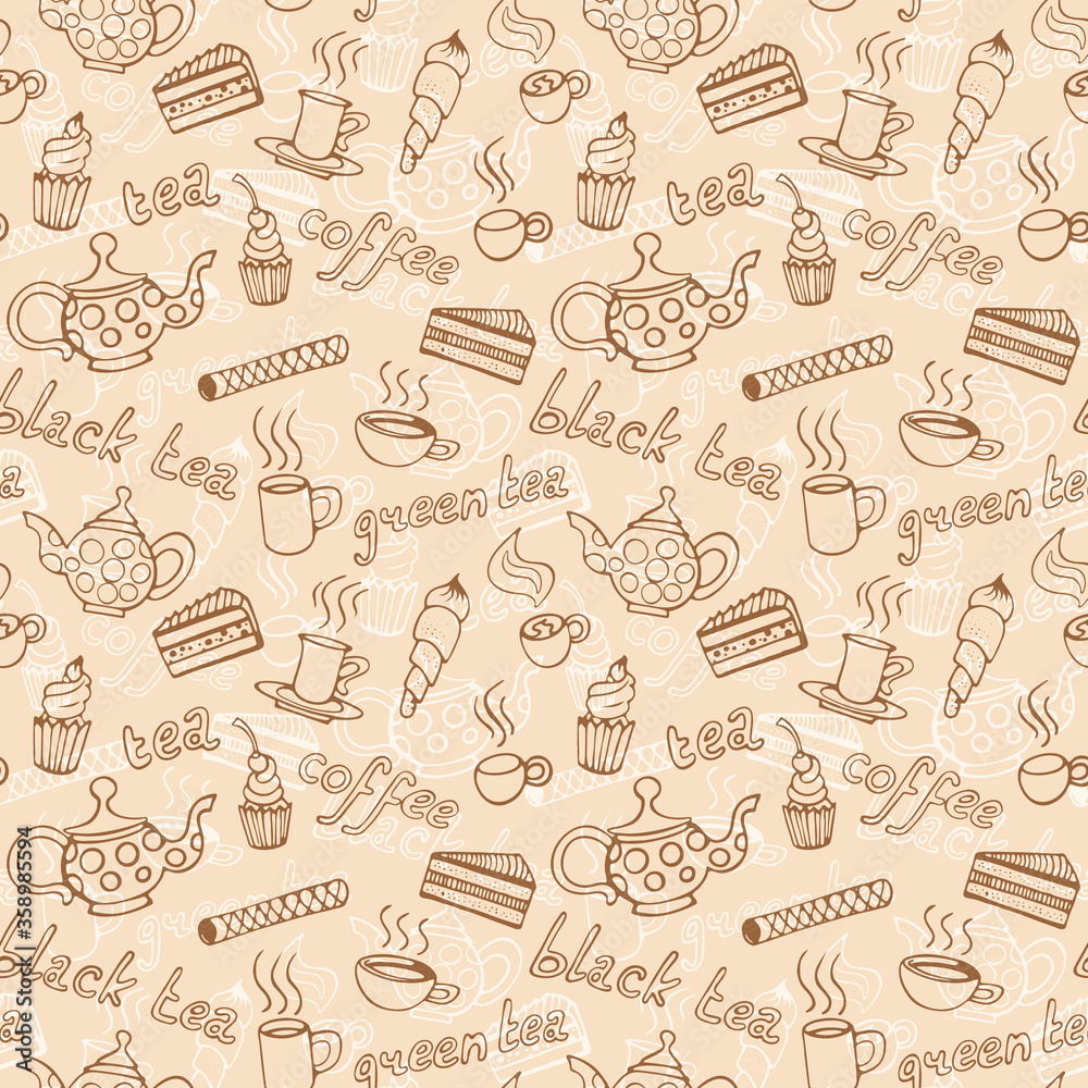 tea party seamless vintage color pattern doodle vector illustration