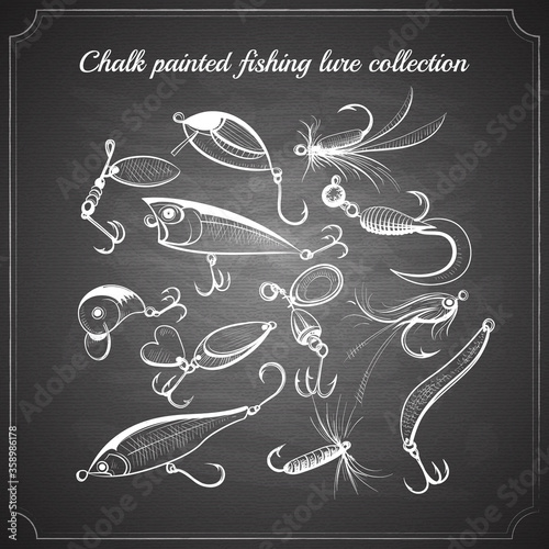 fishing lures collection of design elements sketch style chalk pained on chalkboard vintage vector illustration. hard baits, wobblers for your design project