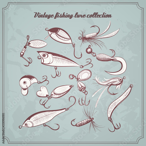 fishing lures collection of design elements sketch style vintage vector illustration