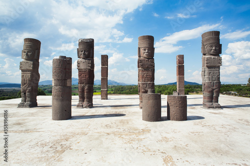 Tula warrior atlantes are more than 5m /16ft tall. They once served as pillars to support the roof of the Temple of The Morning Star that stood on top of a pyramid, Tula, Mexico