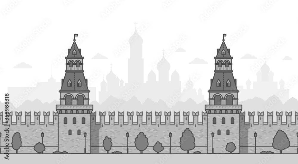 Moscow Kremlin Wall. Seamless flat style cityscape background for your projects. Vector illustration.