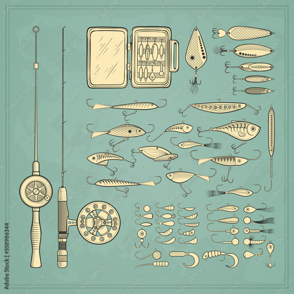 Ice fishing gear collection jigs and jig heads, metal jigging spoons