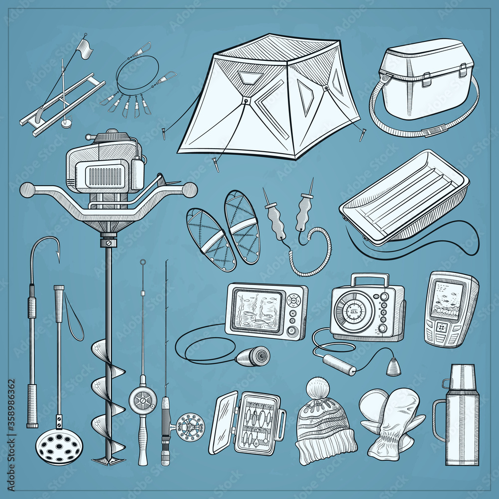 Ice fishing equipment collection - ice auger, shelter, seat box, sonar,  flasher, GPS and other devices - big set with sketch style fishing gear  elements - vintage vector illustration Stock Vector