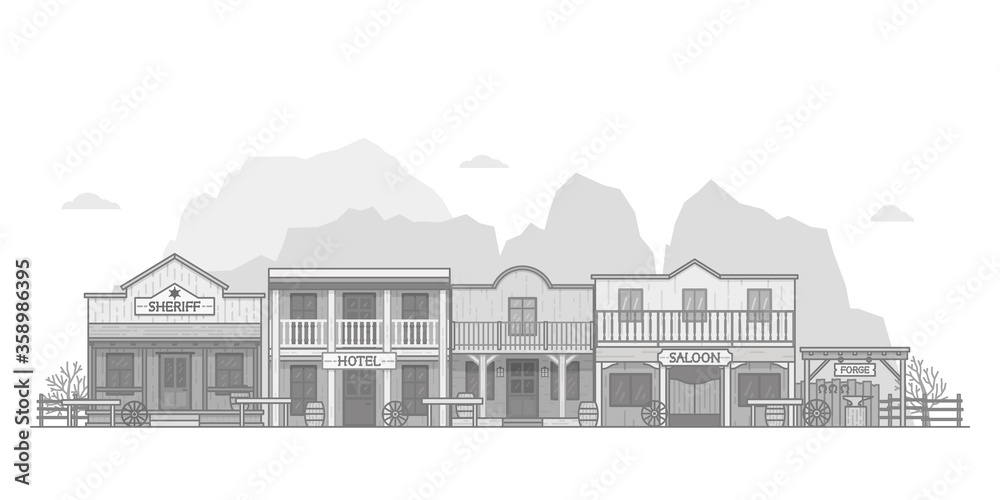 Wild west town landscape. Old western themed background for your projects. Monochrome vector illustration.