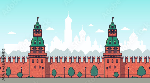 Moscow Kremlin Wall. Seamless flat style cityscape background for your projects. Vector illustration.