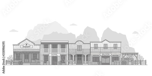Wild west town landscape. Old western themed background for your projects. Monochrome vector illustration.
