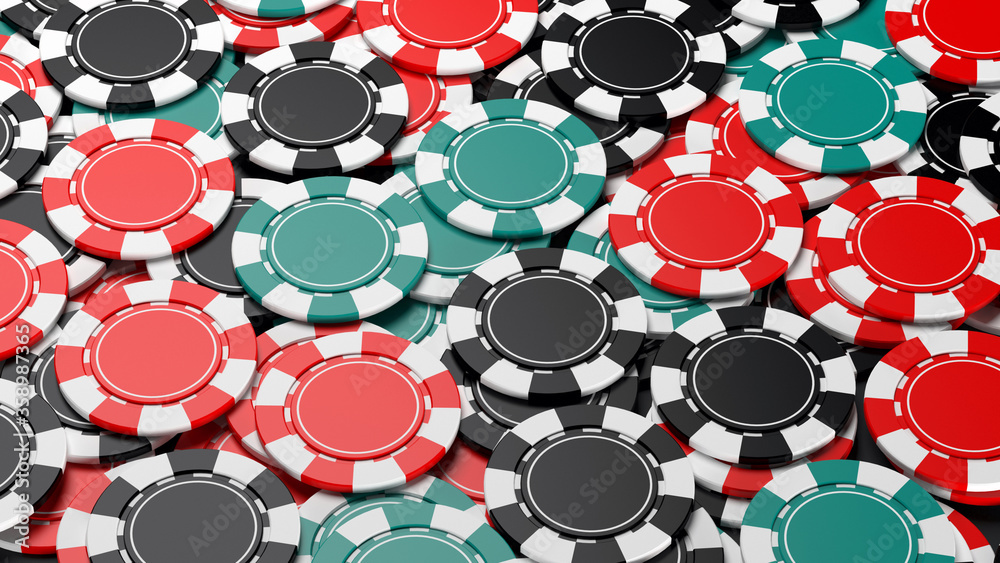 Full screen of casino poker chips from top view. 3D render Full screen of casino poker chips from top view. 3D render