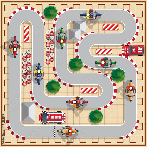 Speedway with motorcycles. View from above. Vector illustration.