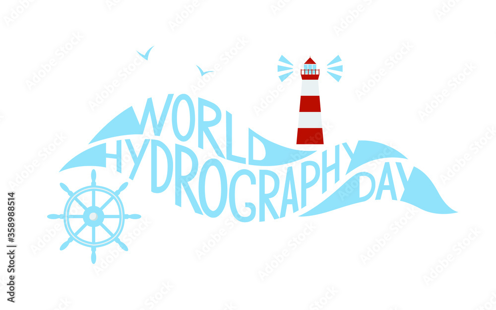 Hydrography day greeting card. Vector illustration of a lighthouse, ship steering wheel and seagulls with lettering