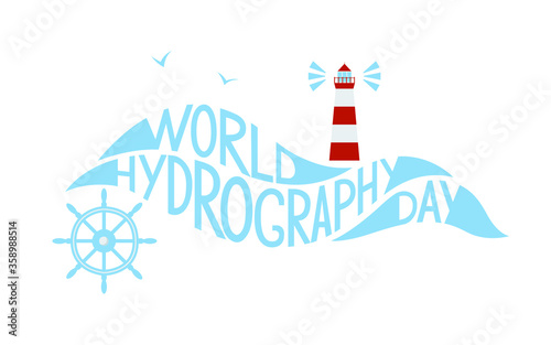 Hydrography day greeting card. Vector illustration of a lighthouse, ship steering wheel and seagulls with lettering © Ksenia
