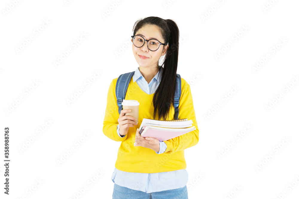 Portrait of a happy friendly casual girl student asian in glasses with backpack holding book and coffee isolated over white background Portrait of a happy friendly casual girl student asian in glasses with backpack holding book and coffee isolated over white background