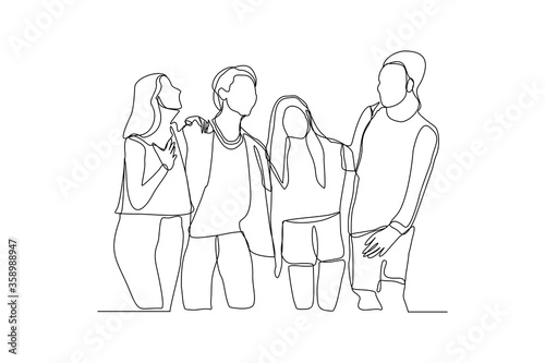 Continuous line drawing of men and women embrace together in friendship. Vector illustration