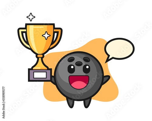 Bowling ball cartoon happy holding up the golden trophy