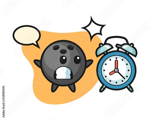 Bowling ball cartoon surprised with a giant alarm clock