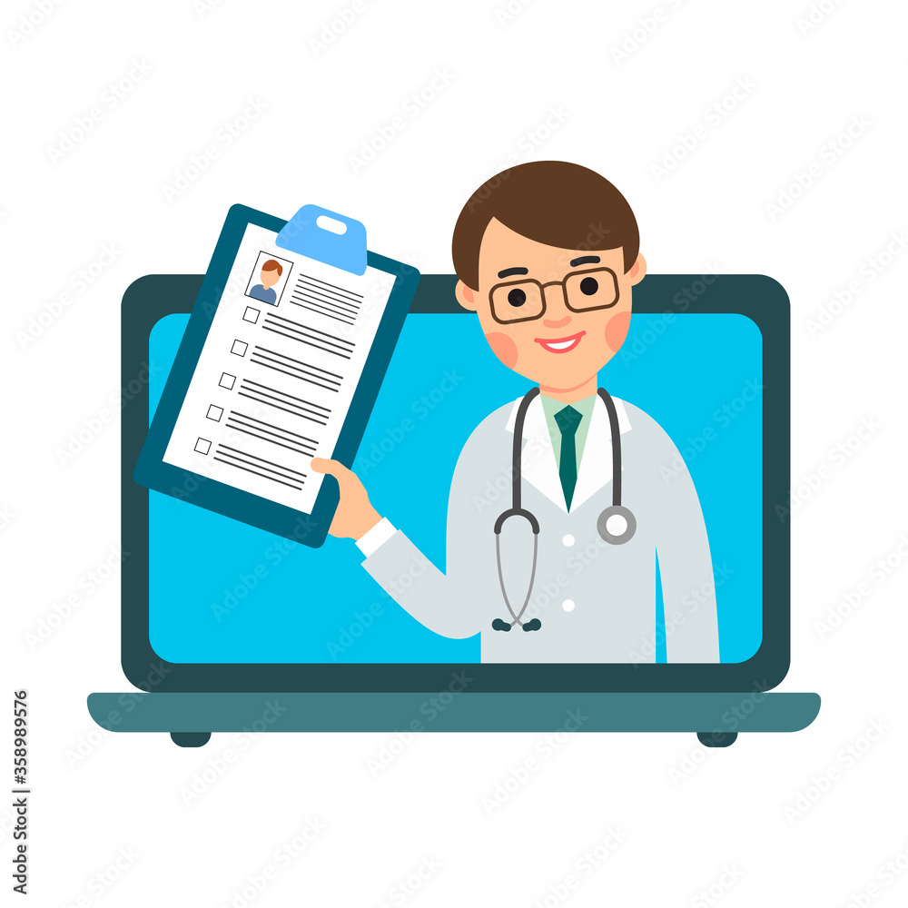 Male doctor online. Consultant on screen notebook with medical card. Medical assistance, help, support network. Isolated illustration in flat style on white background. Modern consultashion service Male doctor online. Consultant on screen notebook with medical card. Medical assistance, help, support network. Isolated illustration in flat style on white background. Modern consultashion service