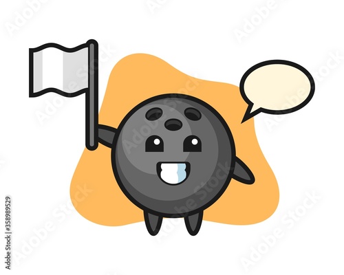 Bowling ball cartoon holding a flag