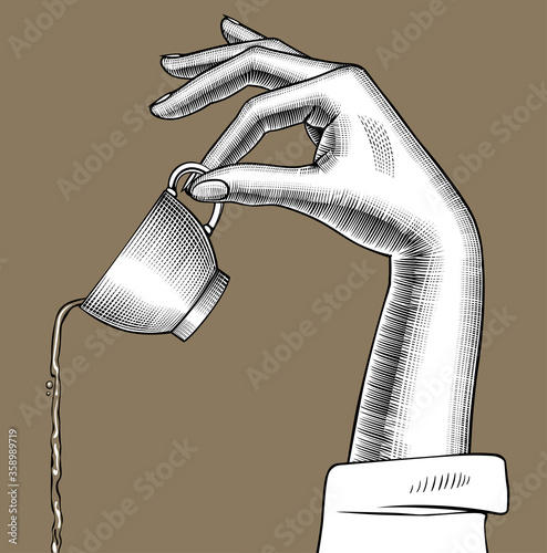 Engraved vintage drawing of  female hand pours down a coffee from a cup