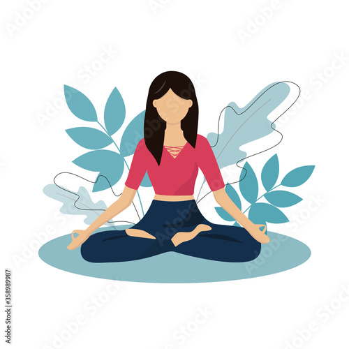Meditation  health benefits for body  controlling mind and emotions. Vector illustration. Woman meditating in nature. Relax  recreation  healthy lifestyle.
