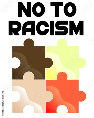 Multi-colored puzzles held together. Poster on the topic of stop racism