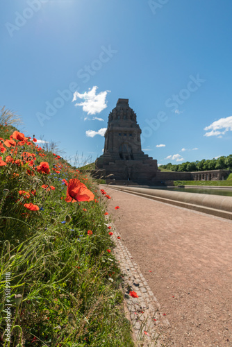 Red poppy flowers at the Monument to the Battle of the Nations in Leipzig