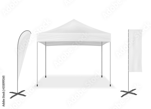 Pop-up mobile tent with event flags, vector mockup. Exhibition mock-up set. Blank white template for business branding design